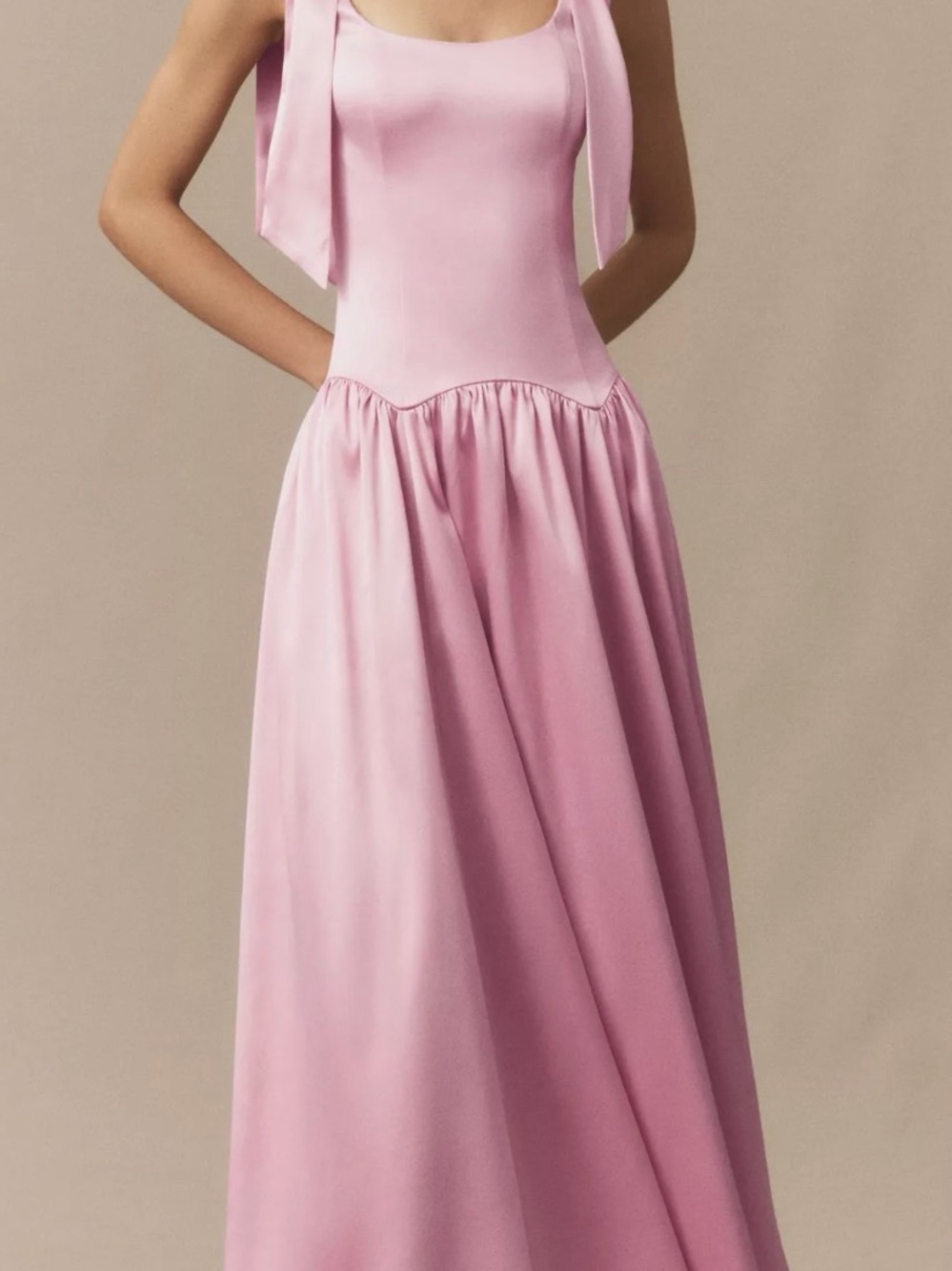 Anthropologie Blush Pink Satin Maxi Dress with Bow Straps